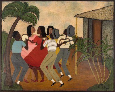 A group of singing and dancing Black men and women beneath a palm tree. A hut can be seen nearby.