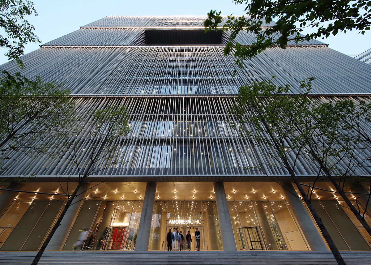 View of a tall building seen from the ground.