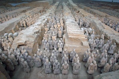 overhead view of life-sized terracotta sculptures from Qin Shin-huang's tomb in Xian, China