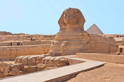 a walkways leading up to the the Great Sphinx at the entrance of the Great Pyramid of Giza in Egypt