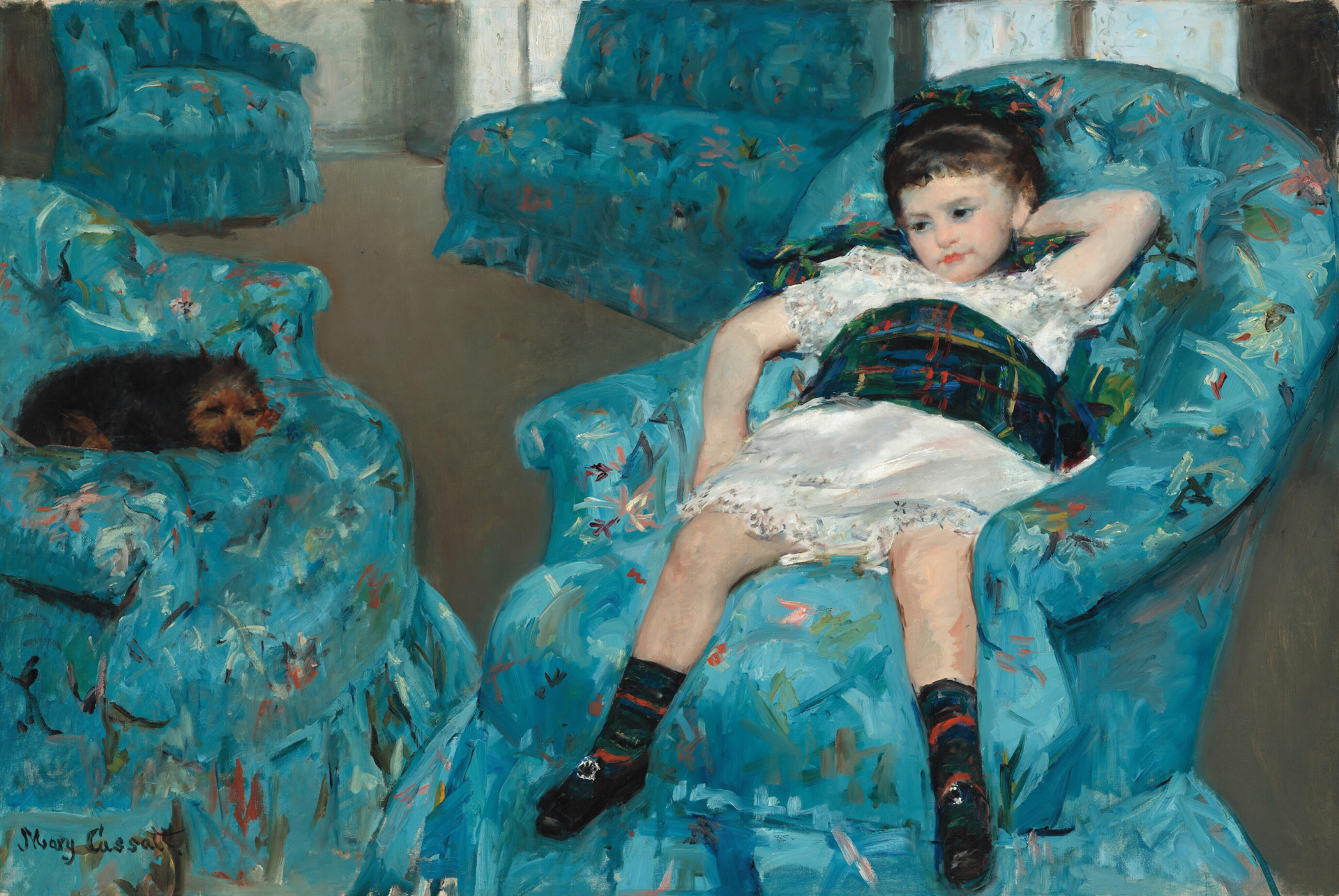 An Impressionist painting shows a small white girl in a white lacy dress lounging as a puppy naps in an identical chair next to her.