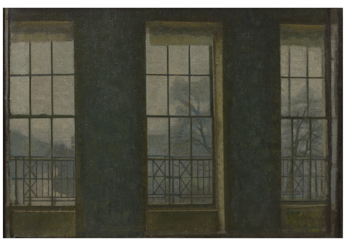 A murky painting of three paned windows looking out to the London fog.