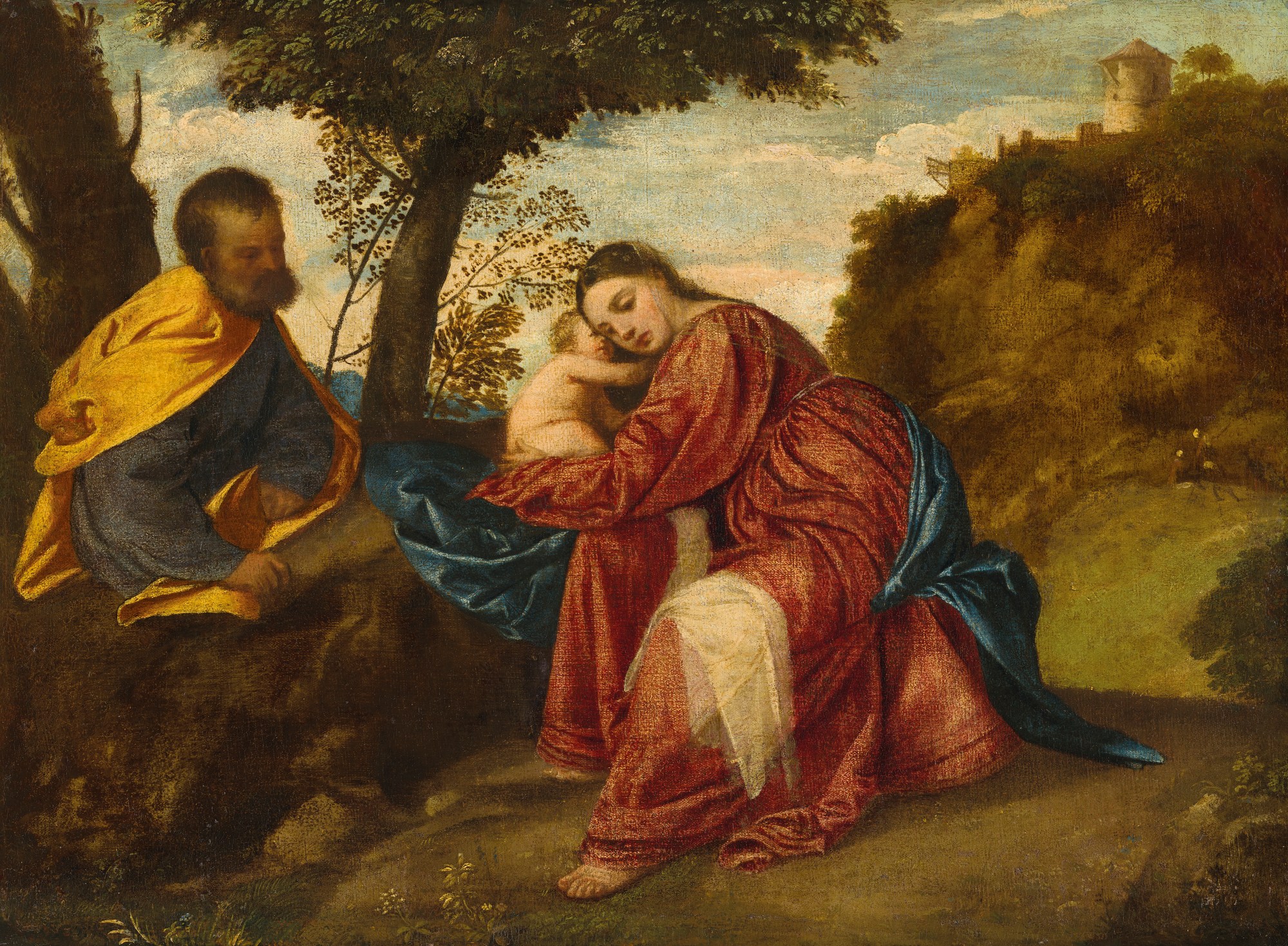 An Old Master painting showing the baby Jesus held by his mother with his father nearby.