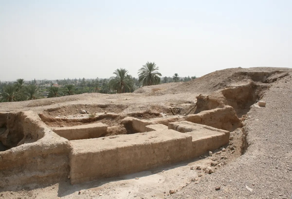 View of World Heritage site of Tell es-Sultan in the West Bank, which is mostly a ruin of a building in dirt with palm trees in the background.